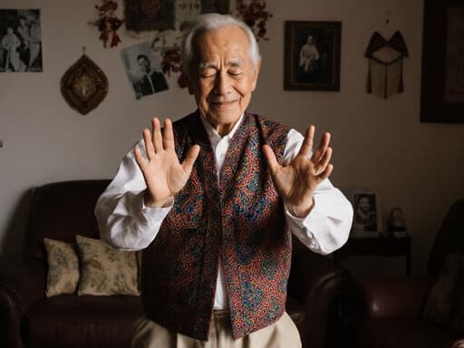70대 백인 남성이 화려한 무늬의 전통 의상과 편안한 바지를 입고, 반신 촬영된 모습입니다. 그는 눈을 감고 차분하게 미소를 지으며 춤을 추고, 가슴 높이로 손을 들어 인사하는 자세를 하고 있습니다. 배경은 가족 사진과 전통 공예품으로 장식된 전통적인 거실로, 따뜻하고 향수 어린 분위기를 만들어냅니다.