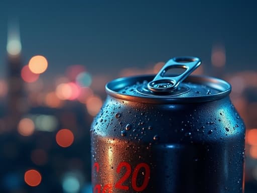 금속 질감과 응축 방울이 있는 음료 캔의 클로즈업이 아름답게 조명된 도시 스카이라인의 야경을 배경으로 한 부드러운 보케 배경과 도시 불빛이 반사되어 생동감 넘치고 활기찬 저녁 분위기를 만들어냅니다.