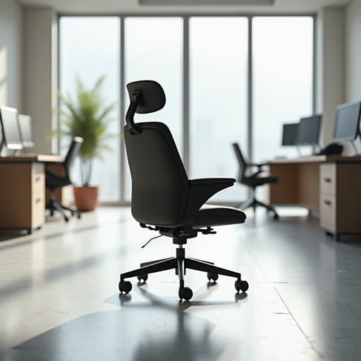 의자, 가구, 큰 창문이 있는 현대적인 사무실, 밝고, 전문적이며, 초대하는