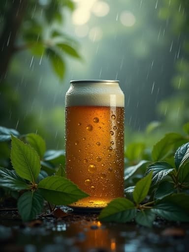 비 오는 숲속 배경의 맥주, 차분하고 상쾌한 분위기.