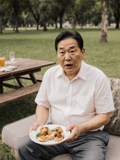 40대 동양인 남성이 자연스러운 외모로 캐주얼한 셔츠와 청바지를 입고, 공원의 피크닉 테이블에 앉아 음식이 담긴 접시를 들고 당황한 표정을 짓고 있는 모습. 아늑한 피크닉 배경이 편안한 분위기를 더해주고 있습니다.