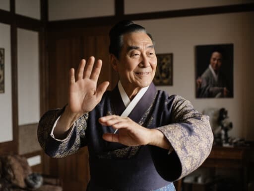 전통 한복을 입은 70대 아시아계 남성이 전통 소품으로 가득한 아늑한 거실에서 기쁘게 춤추고 있습니다. 편안한 미소와 리드미컬한 동작이 따뜻한 분위기 속에서 행복함을 전달합니다.
