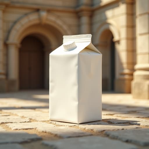 우유 팩, 오래된 석조 건축물이 있는 이탈리아 광장, 따뜻하고 화창한 분위기.