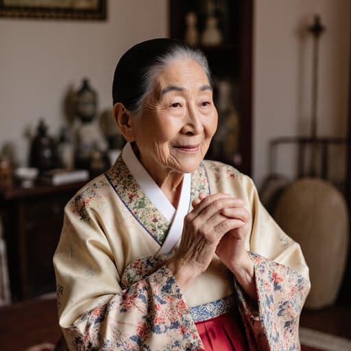 80대의 혼혈 여성의 반신 사진으로, 화려한 패턴과 부드러운 색감을 지닌 전통 한복을 입고 있으며, 평온한 표정과 부드러운 미소를 띠고 있습니다. 전통 소품으로 꾸며진 아늑한 거실에서 촬영되어 따뜻하고 초대하는 분위기를 연출합니다.