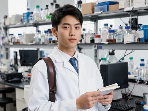 세련된 실험복을 입은 혼혈 남자 과학자가 현대적인 분석실에서 자신감 있게 노트북을 들고 있으며, 연구에 대한 헌신을 보여줍니다. 그의 우아한 표정과 주변의 첨단 과학 도구들이 영감을 주는 분위기를 만들어냅니다.