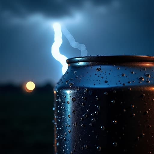 번개가 치는 밤하늘에 있는 음료 캔의 근접 촬영, 고대비 그림자와 조명된 분위기.