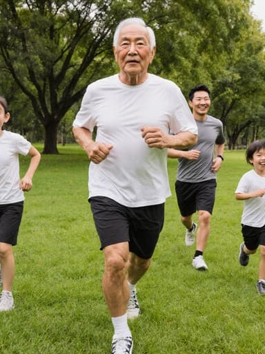 이 이미지는 편안한 운동복을 입고 공원에서 가족과 함께 달리는 80세 아시아계 남성을 보여줍니다. 그의 무관심한 표정은 푸른 잔디와 나무로 가득한 활기찬 환경과 대조를 이루며, 편안한 가족 소통을 강조합니다.