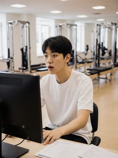 10대 초반의 아시아계 남성이 편안한 필라테스 의상과 운동화를 착용하고 현대적인 필라테스 실에서 앉아 있습니다. 그의 표정은 놀라운 모습으로, 크게 뜬 눈으로 컴퓨터 화면에 집중하며 수업 자료를 검토하고 있습니다. 배경은 깨끗하고 현대적인 환경으로 운동 기구들이 깔끔하게 배치되어 있어, 피트니스와 헌신의 분위기를 자아냅니다.