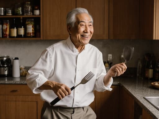 60대 아시아계 남성이 편안한 주방 복장을 하고 밝게 웃으며 주방 도구를 들고 장난스럽게 춤추는 모습을 담고 있습니다. 아늑한 주방 환경이 따뜻한 분위기를 더해 이 장면을 매력적이고 친근하게 만듭니다.