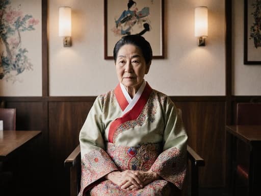 80대 한국인 여성의 반신 상반신 사진으로, 화려한 전통 한복을 입고 아늑한 카페에 앉아 있는 모습입니다. 배경에는 전통 한국 미술 작품이 걸려 있으며, 약간 지루하고 무표정한 표정을 지으며 무릎에 손을 올리고 약간 앞으로 기울고 있습니다.