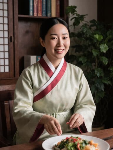 30대 동양인 여성이 아늑한 전통 한복을 입고 건강 관리를 열정적으로 이야기하며 건강한 음식을 먹고 있는 모습의 반신 사진. 전통적인 상담실에서 건강 관련 책과 식물로 꾸며진 공간에서 촬영되었습니다.