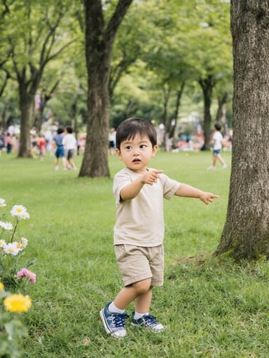 밝은 색상의 티셔츠와 반바지를 입은 귀여운 3세 한국 남성이 공원에서 나무와 꽃을 가리키며 호기심 어린 표정으로 걷고 있는 모습의 전신 사진입니다. 배경에는 푸른 잔디와 나무, 아이들이 노는 모습이 있어 즐겁고 생기 넘치는 분위기를 더하고 있습니다.