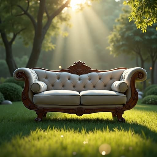 소파, 가구, 아침 이슬이 맺힌 정원, 고요하고 상쾌한