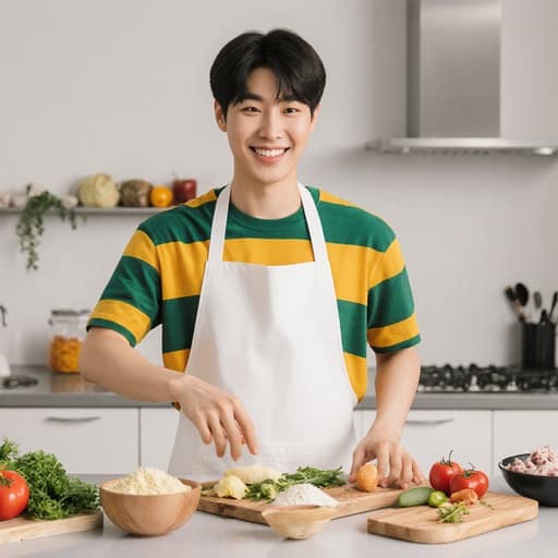 10대 초반의 한국인 남성이 깔끔하게 정돈된 주방에서 요리를 하며 즐거운 미소를 짓고 있습니다. 그는 밝은 색의 티셔츠 위에 깔끔한 흰색 앞치마를 입고 있으며, 조리대 위의 다양한 재료와 상호작용하고 있어 요리에 대한 흥미를 잘 표현하고 있습니다.