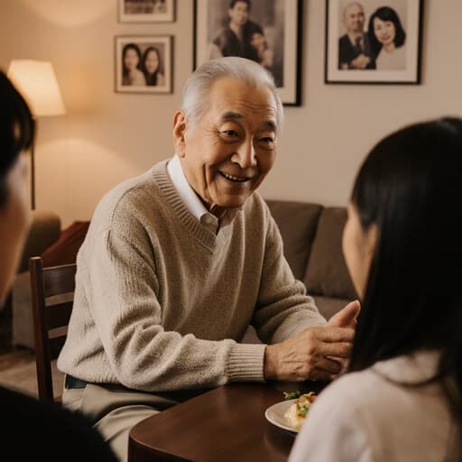80대 동양인 남성이 편안한 니트 스웨터와 슬랙스를 입고 가족과 함께 테이블에 앉아 이야기 나누는 따뜻한 모습의 이미지입니다. 그는 부드러운 미소를 지으며 손짓으로 이야기의 감정을 전달하고 있습니다. 배경은 아늑한 거실로 따뜻한 조명과 가족 사진이 걸려 있어 가족 간의 사랑과 소통의 느낌을 강조합니다.