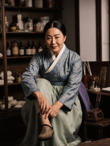 50대 혼혈 여성이 전통 한복을 입고 아늑한 한의원에서 신발을 신는 모습, 뜸실이 보이는 배경 속에서 편안함과 문화적 자부심을 발산하고 있다.