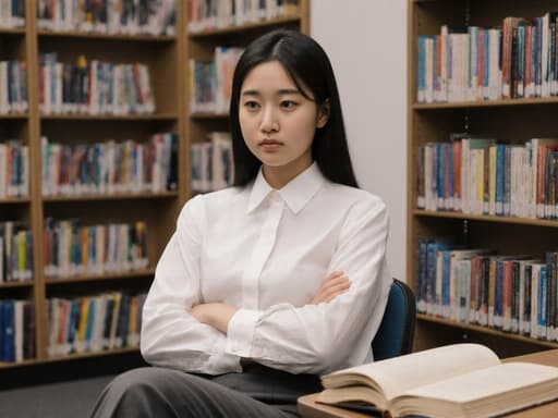 초반 10대의 동양인 여성의 반신 샷으로, 자연스러운 외모를 지니고 있습니다. 그녀는 조용한 도서관의 의자에 앉아 깔끔한 블라우스와 슬랙스를 입고 있습니다. 무관심한 표정으로 무릎에 놓인 책을 바라보며 팔짱을 낀 채로 기다리고 있습니다. 배경은 책장이 줄지어 늘어서 있어 차분하고 학구적인 분위기를 더합니다.