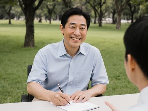 40대 동양인 남성이 조용한 공원에 있는 테이블에 앉아 편안한 셔츠와 바지를 입고 상담 중에 메모를 하고 있는 반신 사진입니다. 나무와 잔디가 배경을 이루며, 따뜻하고 친근한 표정을 짓고 있습니다.