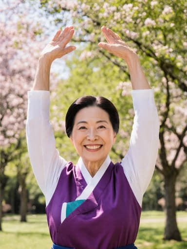 70대 혼혈 여성의 반신 사진으로, 전통 한복을 입고 있습니다. 그녀는 자연스러운 외모와 편안하고 행복한 표정을 지으며, 화창한 공원에서 팔을 부드럽게 위로 올리며 스트레칭을 하고 있습니다. 나무와 꽃이 있는 평화로운 풍경이 그녀의 동작과 기분을 잘 표현하고 있습니다.