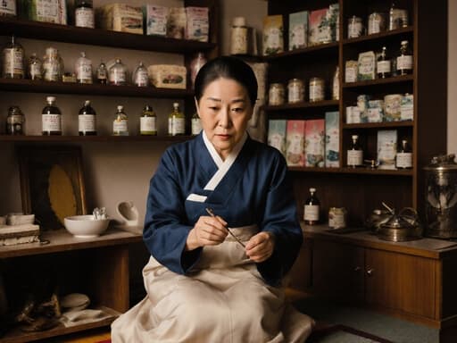 전통 한복을 입고 놀란 표정을 짓고 있는 60대 백인 여성이 아늑한 전통 한의원 바닥에 앉아, 손에 한의학 도구를 바라보며 놀라워하는 모습. 다양한 한약재가 진열되어 있는 배경으로, 편안하고 초대하는 분위기를 자아냅니다.