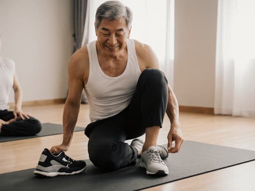 40대 동양인 남성이 편안한 요가복을 입고 긍정적인 미소를 지으며 한쪽 발을 들어 올려 신발을 신으려는 모습. 그 옆에는 요가 매트가 놓여 있으며, 자연광이 들어오는 조용하고 아늑한 명상실에서 편안한 분위기를 자아내고 있습니다.