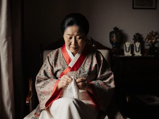 70대 백인 여성이 전통적인 한복을 입고 아늑한 거실에 앉아 있는 반신 사진입니다. 그녀는 손수건을 들고 그것을 생각에 잠긴 듯 바라보고 있으며, 표정은 외로움과 깊은 생각을 반영하고 있습니다. 방은 전통적인 가구로 가득 차 있어 장면의 친밀한 분위기를 강조합니다.