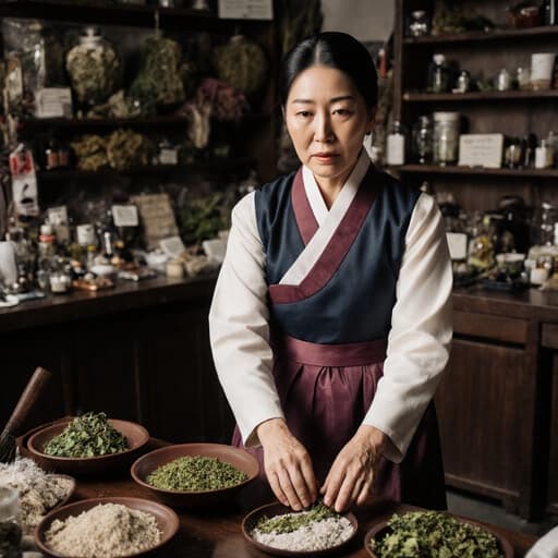 40대의 자연스러운 외모를 가진 여성이 편안한 전통 한복을 입고 있는 반신 샷입니다. 그녀는 진지한 표정으로 한약재를 다루며 신발을 신는 자세를 취하고 있으며, 주변에는 다양한 한약재와 조제 도구가 배치된 한약 조제실이 있습니다.