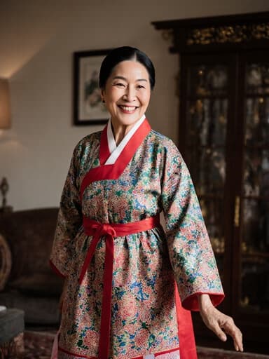 70대 혼혈 여성의 반신 사진으로, 화려한 전통 한복을 입고 따뜻한 미소를 지으며 전통 춤을 추기 위해 걷고 있는 모습이 아늑한 거실과 전통 소품으로 장식된 배경과 함께 담겨 있습니다.