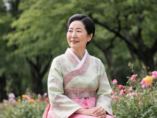 자연스러운 외모를 가진 70대 한국인 여성이 화려한 패턴과 잔잔한 색감의 전통 한복을 입고 있는 반신 사진입니다. 그녀는 아름다운 공원에 편안하게 앉아 있으며, 푸른 나무와 화사한 꽃들로 둘러싸여 있습니다. 고마운 표정을 지으며 따뜻한 미소를 지은 그녀는 주변을 바라보며 무릎 위에 손을 자연스럽게 놓고 있습니다. 이 장면은 그녀의 유산의 본질을 포착하면서 자연의 고요한 아름다움과 조화를 이루고 있습니다.