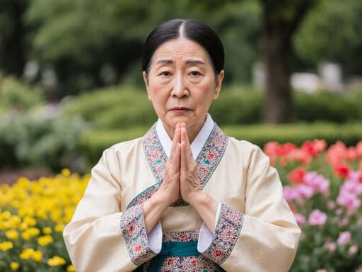 70대 한국인 여성이 전통 한복을 입고 걱정스러운 표정을 지으며 손을 모으고 인사하는 자세를 취하고 있는 반신 샷, 아름다운 공원이 배경으로 펼쳐져 있으며 푸르른 나무와 꽃들이 가득한 장면입니다.