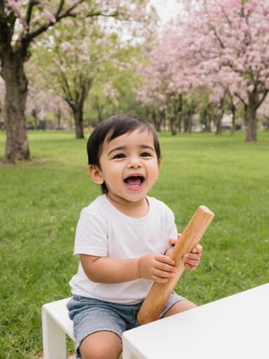 행복한 미소를 지으며 작은 악기를 쥐고 노래를 부르는 한 살 중동계 남자 아이가 공원에 있는 테이블에 앉아 편안한 티셔츠와 반바지를 입고 있습니다. 배경은 나무와 화려한 꽃들로 가득 찬 푸른 잔디의 풍경으로, 매혹적이고 생기 넘치는 분위기를 연출합니다.