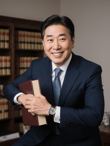 50대 한국인 남성이 정장과 넥타이를 착용하고 손목에 시계를 차고 있는 모습의 반신 사진입니다. 그는 법률 서적을 들고 운동하는 자세로 스트레칭을 하며 밝게 웃고 있는 자신감 넘치는 표정을 짓고 있습니다. 배경은 다양한 법률 서적이 진열된 법무사무실 내부로, 그의 행동과 잘 어우러지는 학문적이고 초대하는 분위기를 만들어냅니다.