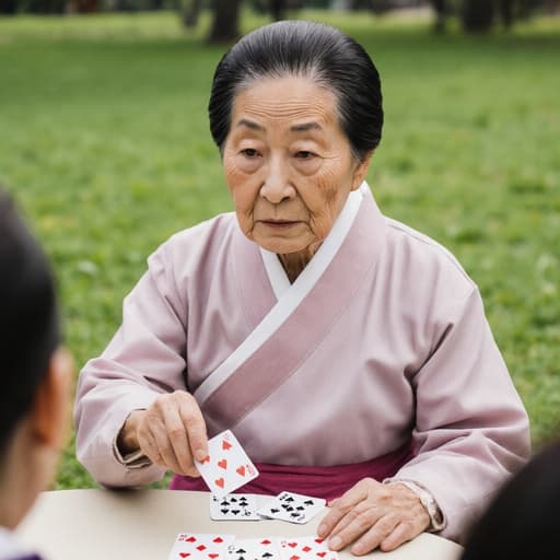 80대 한국인 여성의 반신 사진으로, 편안한 한복을 입고 있으며 카드 게임에 집중하는 모습에서 걱정스러운 표정을 짓고 있습니다. 카드를 들고 다른 카드를 고르기 위해 몸을 약간 앞으로 기울이고 있고, 배경에는 친구들과 함께 푸른 잔디가 펼쳐진 공원이 있어 생동감 넘치는 분위기를 자아내고 있습니다.