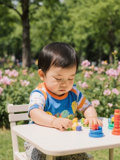 푸르른 공원에서 작은 테이블에 앉아 장난감을 가지고 노는 귀여운 1세 동양인 남아의 반신 사진. 그는 밝은 색상의 아기 티셔츠와 편안한 팬츠를 착용하고 있으며, 졸린 표정을 지으며 약간 피곤한 모습입니다. 배경에는 푸르른 나무와 다채로운 꽃들이 가득합니다.
