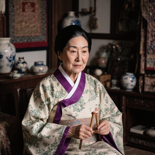 차분한 70대 한국인 여성이 전통 한복을 입고 아늑한 거실에 앉아 전통 놀이 도구를 들고 있습니다. 그녀의 차분한 표정과 집중한 자세는 문화 유산을 반영하며, 따뜻한 조명과 전통 소품들로 둘러싸여 있습니다.