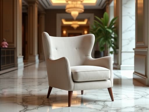 라운지 체어, 가구, 고급 호텔 로비와 대리석 바닥 및 우아한 조명, 세련된, 초대하는
