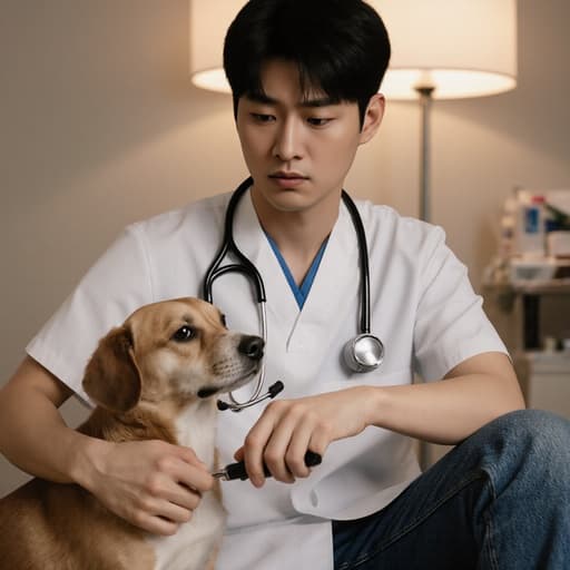 20대 동양인 남성 수의사가 자연스러운 외모로 반신을 보여주는 사진입니다. 그는 청바지 위에 의사 가운을 입고 있으며, 목에는 청진기가 걸려 있습니다. 수의사는 앉아 있는 자세로 동물 치료 도구를 손에 들고 걱정스러운 표정으로 치료가 필요한 동물을 살피고 있습니다. 배경은 따뜻하고 배려가 느껴지는 부드러운 조명이 비치는 치료실입니다. 수의사의 걱정스러운 표정이 동물에게 주는 배려와 전문성을 잘 드러내고 있습니다.