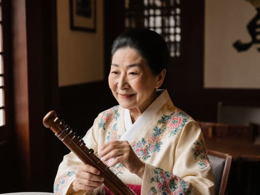 아늑한 카페에 앉아 전통적인 한복을 입고 있는 80대 아시아계 여성의 매력적인 반신 사진. 그녀는 전통 악기를 살짝 만지작거리며 따뜻한 미소를 지으며 친근한 분위기를 연출하고, 아름답게 장식된 전통적인 내부에 둘러싸여 있습니다.