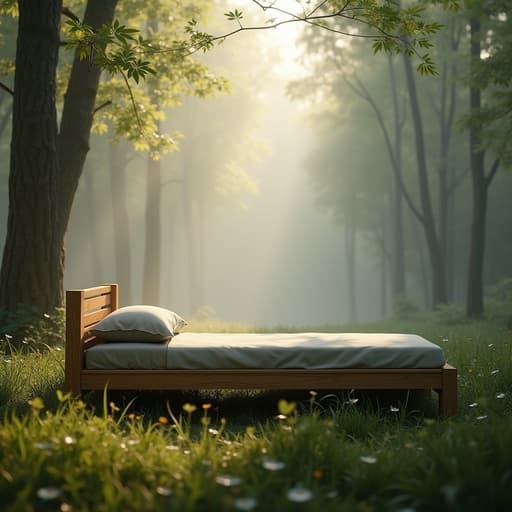 싱글 침대, 아침 이슬이 맺힌 숲속, 고요한 분위기