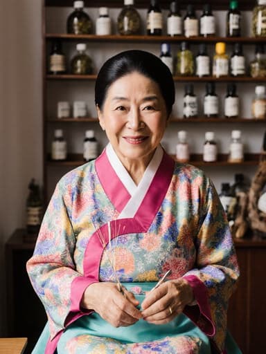 60대의 따뜻하고 친근한 표정을 지닌 한국인 여성이 밝은 전통 한복을 입고 반신상으로 촬영되었습니다. 그녀는 편안하게 앉아 침 치료 도구를 손에 들고 있으며, 자연스럽고 접근 가능한 미소를 짓고 있습니다. 배경은 전통적인 한방 약재가 진열된 공간으로, 문화적 정수를 잘 담고 있습니다. 전체적인 구성이 한국 전통 치유 관행의 정신을 포착하며, 모델의 우아함과 환경의 진정성을 강조합니다.