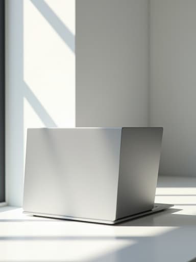 미니멀한 흰색 책상 위에 놓인 세련된 노트북이 현대적인 스튜디오에서 자연광을 통해 흐르며 차분하고 고요한 분위기를 만들어냅니다.