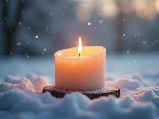 촛불, 눈으로 덮인 겨울 풍경과 부드러운 눈, 아늑하고 평화로운