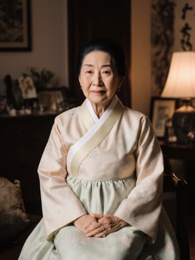 80대 동양인 여성의 평온한 반신 촬영으로, 자연스러운 외모를 가진 그녀가 부드러운 파스텔톤의 전통 한복을 입고 있습니다. 그녀는 편안하게 앉아 무릎에 손을 자연스럽게 올리고 있으며, 차분하고 평화로운 표정을 짓고 있습니다. 아늑한 거실 배경에는 전통적인 소품과 따뜻한 조명이 어우러져 있어, 주제의 고요한 분위기를 더욱 강조하고 있습니다.
