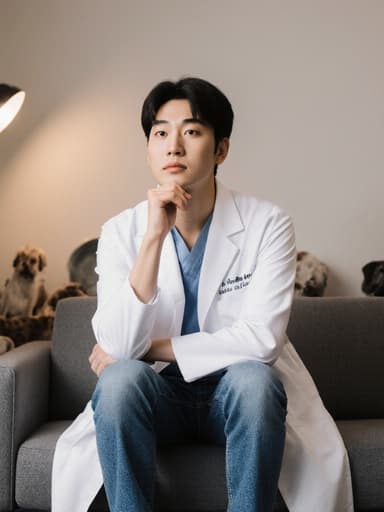 20대 동양인 남성이 의사 가운에 청바지와 운동화를 입고 동물 병원 대기실 소파에 앉아 있습니다. 그는 지루한 표정을 지으며 팔짱을 끼고 한 손으로 턱을 괴고 있는 모습이 아늑하고 매력적인 배경 속에서 표현됩니다.