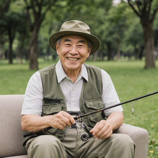 평화로운 공원에서 소파에 편안하게 앉아 있는 50대 한국인 남성의 반신 촬영. 캐주얼한 낚시복과 모자를 착용하고 긍정적인 미소를 지으며 낚시 도구를 손에 들고 있으며, 풍성한 녹음 속에 둘러싸여 있습니다.