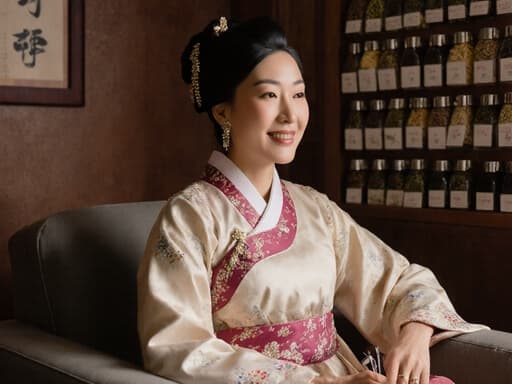 이 이미지는 50대 아시아계 여성이 세련된 액세서리를 더한 전통 한복을 입고 소파에 앉아 있는 모습입니다. 그녀는 침 치료 도구를 손에 들고 있으며, 아늑한 침 치료 공간의 배경에 다양한 한약 재료가 진열되어 있습니다. 웰빙과 전통의 감성을 잘 드러내고 있습니다.