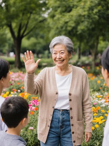 평화로운 공원에서 푸른 나무와 화사한 꽃들로 둘러싸인 70대 아시아계 여성의 반신 초상입니다. 편안한 카디건과 청바지를 입고 가족에게 미소 지으며 손을 흔드는 모습이 소중한 순간을 담고 있습니다.