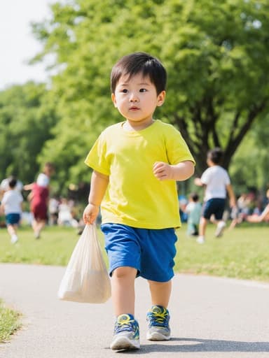 귀엽고 발랄한 3세 한국 남자아이가 작은 가방을 들고 공원에서 걷고 있는 전신 사진입니다. 밝은 색상의 티셔츠와 반바지를 입고 있으며, 주변에는 푸른 잔디와 나무들이 있고, 다른 어린이들이 놀고 있는 즐거운 모습이 배경에 펼쳐져 있습니다.