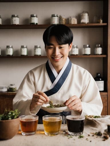건강한 10대 후반 아시아계 남성이 전통 한복을 입고 밝게 웃으며 한의원 테이블 위의 한약 재료를 맛보고 있는 모습. 따뜻하고 아늑한 분위기의 한의원에서 다양한 한약재와 한방 차가 진열되어 있다.