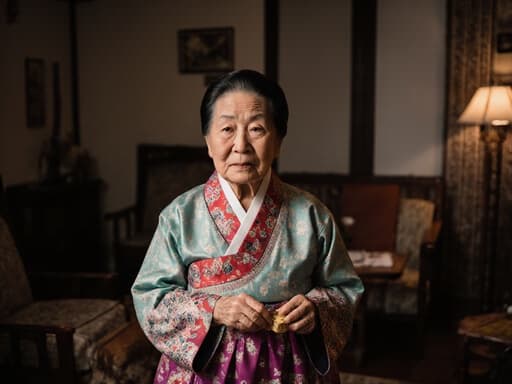 80대 동양인 여성의 반신 촬영으로, 부드러운 주름과 자연스러운 노화가 돋보입니다. 그녀는 화려한 문양이 있는 전통 한복을 입고 있으며, 약간 지루한 표정을 지으며 전통 놀이 도구인 윷을 손에 쥐고 서 있습니다. 배경은 전통 가구와 소품으로 장식된 아늑한 거실로, 그녀의 외모와 의상에 잘 어울리는 따뜻한 분위기를 자아냅니다.